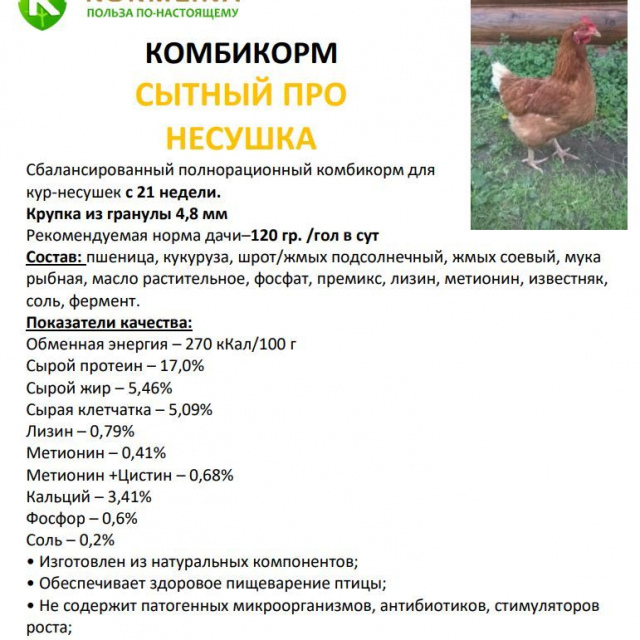Комбикорм “СЫТНЫЙ ПРО для кур НЕСУШЕК ПК 1-2”, 30 кг